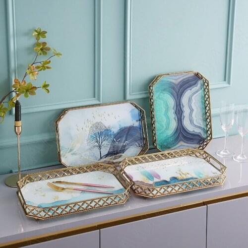Painted Glass Storage Tray Golden Frame Fruit Mirror Trays Coffee Table Desktop Candy Dessert Food Plates Home Decoration Model