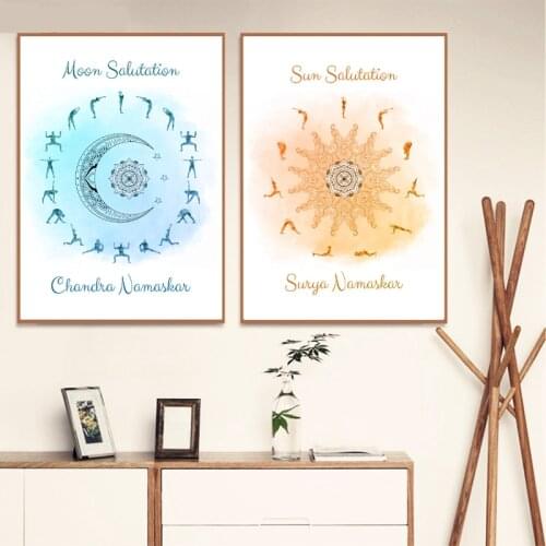 Yoga Sun Salutation Moon Salutation Celestial Posters And Prints Yoga Studio Wall Art Decor Yoga Art Canvas Painting Home Decor