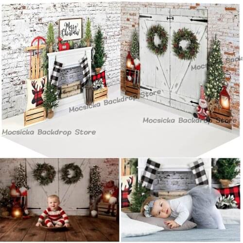 Christmas Fireplace Backdrop for Photography Retro Lights Merry Christmas Rustic Barn Door Photo Background Studio Photocall
