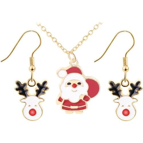 Christmas Pendant Necklace Earrings Set Elk Jingle Bell Decor Wreath Necklace & Earrings Jewelry Accessories Party Dress Up