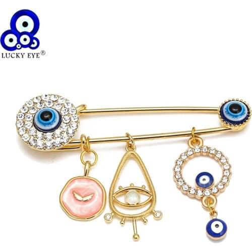 Lucky Eye Copper Turkish Evil Eye Charm Tassel Brooch Pin Gold Color Brooch for Women Girls Men Fashion Jewelry Clothes BE218