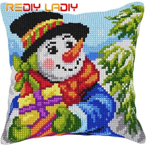 DIY Cross Stitch Cushion Winter Snowman Needlepoint Kits Pre-Printed Canvas Thick Yarn Cross-stitch Pillow Case Arts and Crafts