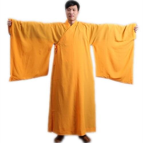 Shaolin Unisex Monk Long Robe Costume Buddhist Kungfu Jacket Martial Arts Brown Linen Uniform Wushu Cotton Clothes