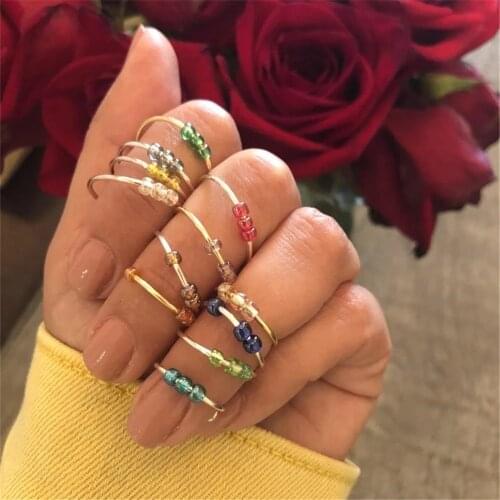 Fidget Spinner Anxiety Rings Balls Multicolor Glass Fidget Beads Ring Bohemia Style Rotating Freely Finger Ring Jewelry KBR035