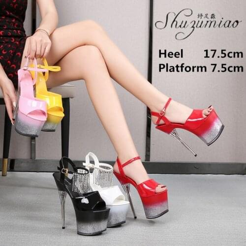 Sexy Fringe Pole Dance Shoes Women Stilettos Stripper Patent Leather Platform 18CM High Heels Catwalk T Stage Show Model Sandals