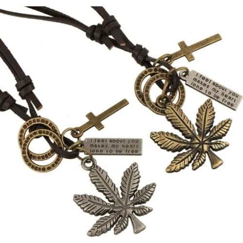 Vintage Fashion Maple Leaf Long Necklace Alloy Cross Circle Charm Punk Genuine Leather Chain Women Retro Casual Men Jewelry Gift