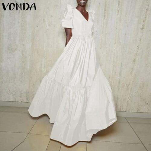 VONDA Women Dress 2021 Casual Short Sleeve Solid Pleated Dresses Loose Long Maxi Dresses Bohemian Vestidos Loose Beach Sundress