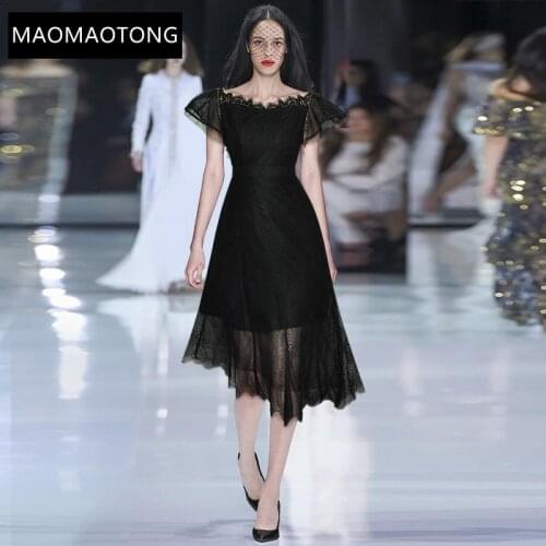 Womens Clothing Fashion Designer Summer Lace Sexy Party Dresses Womens Short sleeve High waist Asymmetrical Black Midi Dress