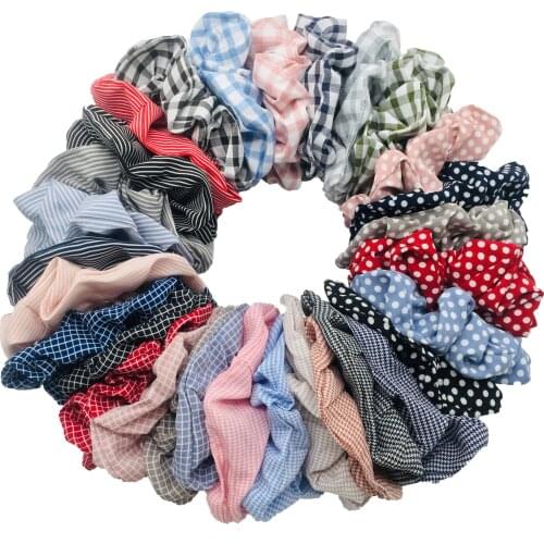 Women Vintage Hair Scrunchie Pack Dot Plaid Rope Girls Elastic Band Ponytail Holder Striped Rubber Band Accessories Chiffon Bulk