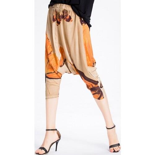 100% Silk Pants Women Harem Design Printed Elastic Waist Pockets Loose Trousers New Fashion Europe and American Style 2019