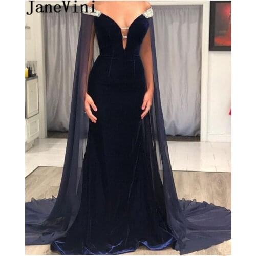 JaneVini Dubai Velvet Mermaid Evening Dresses with Cape Long Navy Blue Beaded Shoulder Arabic Formal Party Dress for Women 2020