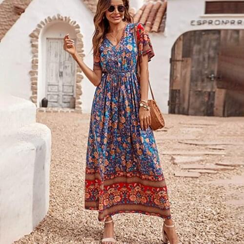 Happie Queens women floral print short sleeve beach Bohemian maxi dress Ladies v-neck cotton Boho sundress vestidos