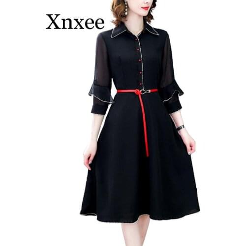 High Quality Spring Trendy Dress Women Solid Vintage Ruffled Shirt Dress Turn-down Collar Summer A-Line Dresses OL Female