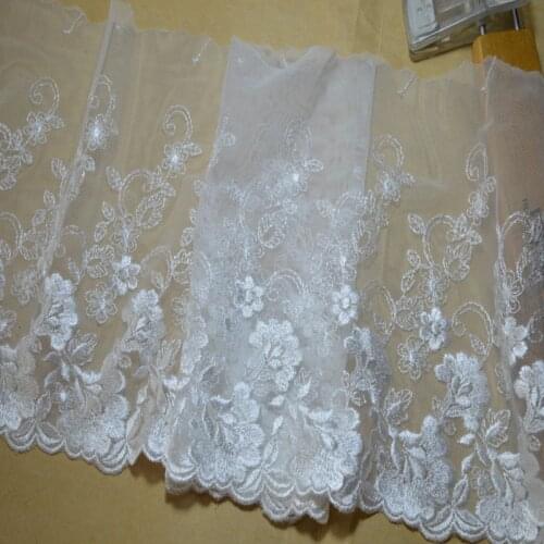 16CM(2yds/lot) white mesh shiny silk floral Embroidery Hight quality lace fabrics embroidered lace trim 17021806