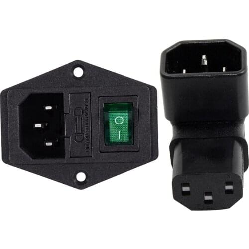 2 Pcs IEC320 C14 Inlet Green Lamp Switch Power Socket & 1 Pcs C14 to Up Right Angled 90 Degree IEC Female Adapter
