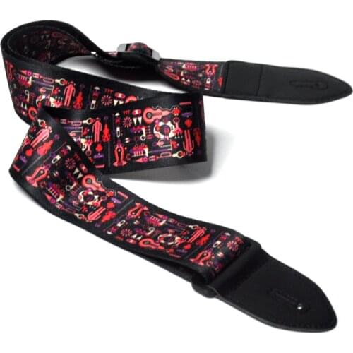 5cm Wide Geometric Designs Printed Guitar Bass Strap Polyester w/ Leather Head