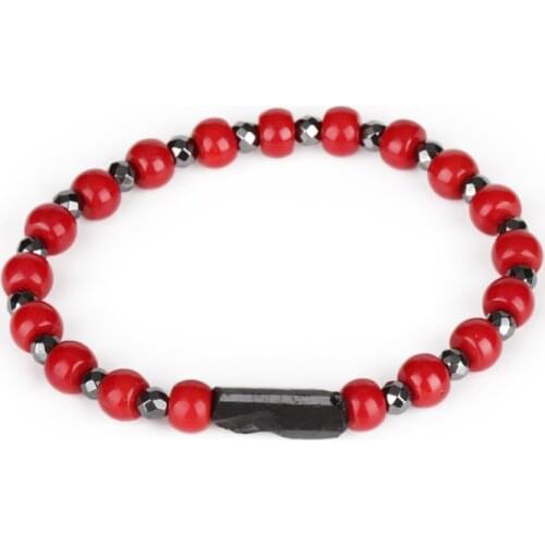 6mm Chunky Flat Red Coral Bead Alternate 4mm Natural Black Faceted Hematite Healing Stone Charm Energy Bracelet For Man Women