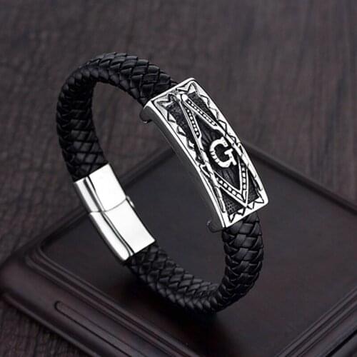 Promotions Mens Jewelry Trendy Weave Black Masonic Color Leather Bracelet Men Bracelets & Bangles Fashion Jewelry Wholesale
