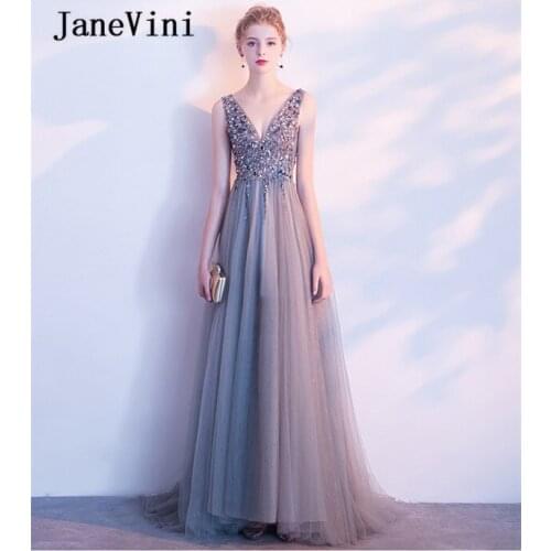 JaneVini Shiny Sequins Beaded Gray Long Bridesmaid Dresses V-Neck Backless Wedding Gowns Floor Length Mousseline De Soie 2018