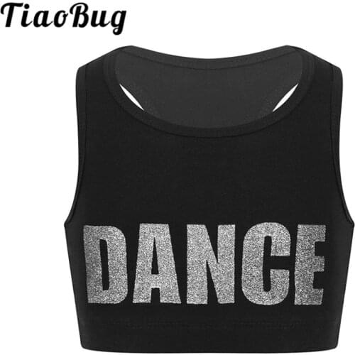 TiaoBug Kids Girls Sleeveless Shiny Letters DANCE Printed Crop Top Sports Gymnastics Ballet Tops Stage Performance Dance Costume