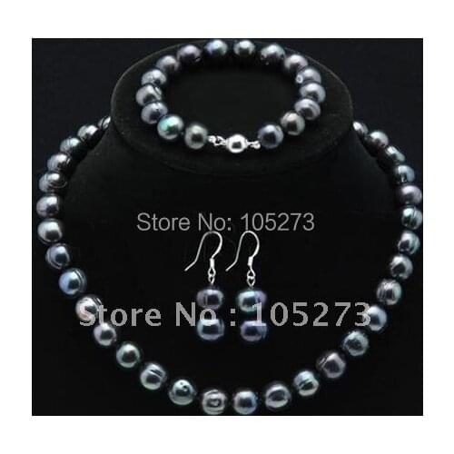 Huge AA 11-12MM Black Color Genuine Freshwater Pearl Jewelry Set Fashion Girls Womens Jewelry Wholesale New Free Shipping