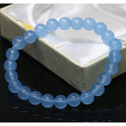 Cute semi-precious blue chalcedony jades stone charm round beads 8mm 10mm fashion unisex gift bracelet jewelry 7.5inch B1517