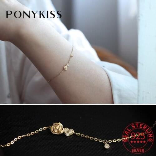 PONYKISS Trendy S925 Sterling Silver Rose Flower And Heart Chain14K Gold Bracelets For Women Lovely Fine Jewlry Drop Shipping