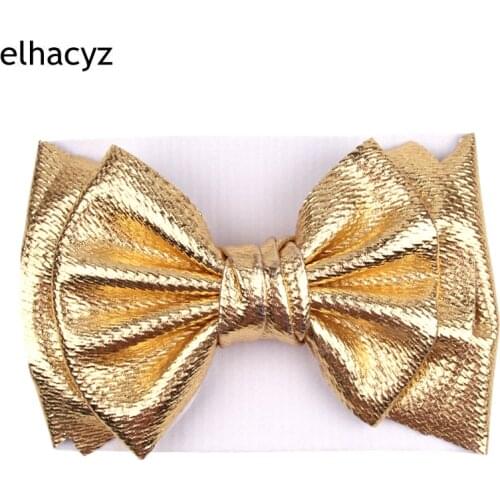2021 NEW 7'' Large Double Layer Bow Headband Glitter Metallic Bow Turban Trendy Bullet Fabric Hair Band Kids Hair Accessories