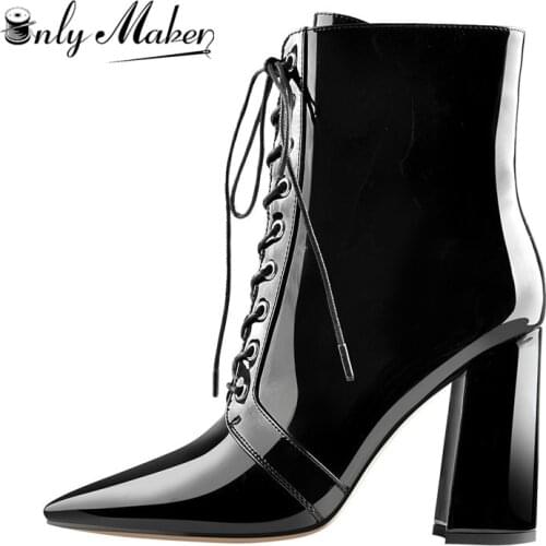 Onlymaker Pointed Toe Black Color Patent Leather Lace up Chunky 12CM High Heels Side Zipper Ankle Boots For Winter 2019