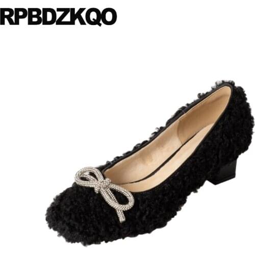 Autumn Ladies Dress Shoes Metal Rhinestone Diamond Fur Kawaii High Heels Bow Cute Pumps Square Toe Low Thick Girls Wool Winter