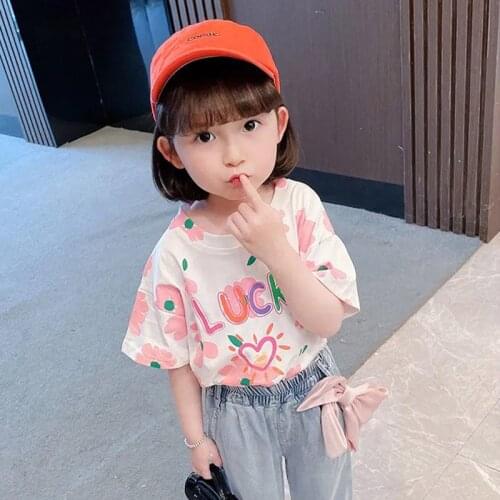 2-6 Years Summer Children Girl T-Shirt Cotton Fashion Pink Flower Print Short Sleeve Kids Girl Loose Tops Clothes