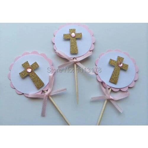 Pink and Gold Baptism Cupcake Toppers. First Communion, Confirmation, Christening wedding party cake topper
