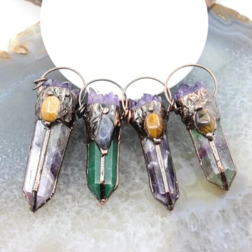 Reiki Energy Hexagonal Crystal Point Pendants Top Inlay Natural Amethyst Druzy Healing Necklace DIY Jewelry For Unisex Gifts