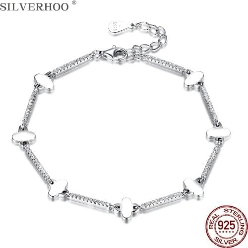 SILVERHOO Genuine Sterling Silver 925 Jewelry Shiny Cubic Zirconia Cross Charm Bracelets Women Simple Trendy Handmade Bracelet