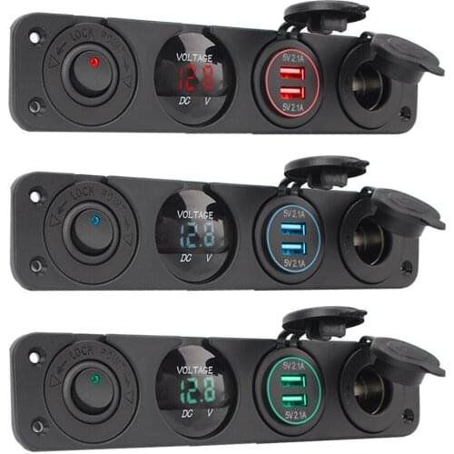 4 In 1 Switch Panel 12V Car Cigarette Lighter Dustproof Waterproof Digital Voltmeter With Rocker Switch Dual USB Power Charger