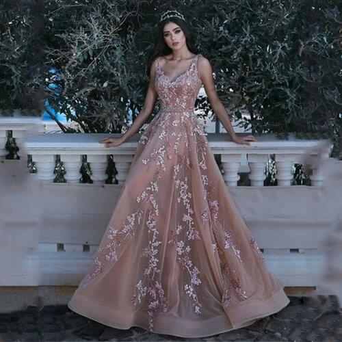 Sevintage bestidos de gala A Line Lace Appliqued Evening Dress Spaghetti Straps Beaded Long Prom Gowns robe de soiree