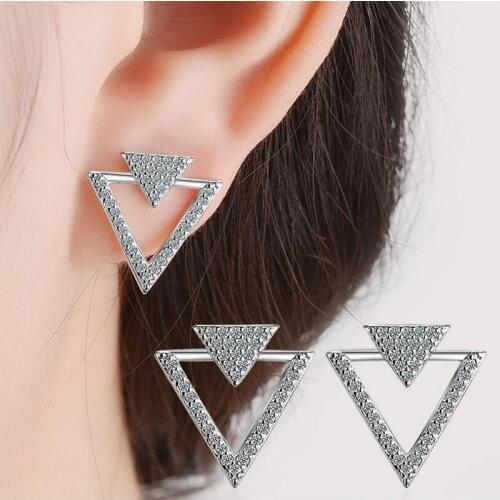 100% 925 Sterling Silver Jewelry Shiny Zirconia Crystal Hollow Triangle Stud Earrings For Women Fashion Gift Wholesale