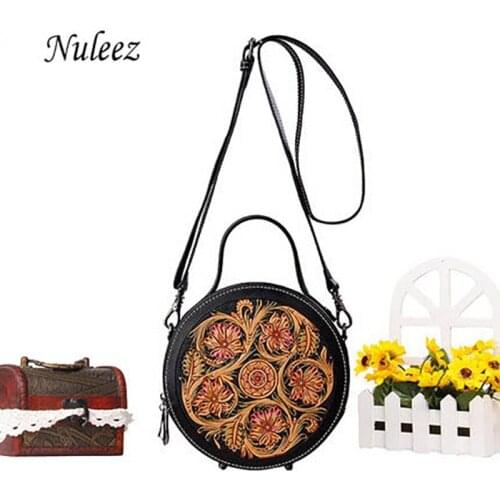 Nuleez Genuine Cowhide Leather Hand Engraving Flower Women Bag Chinese Vintage style fashion bag 2021