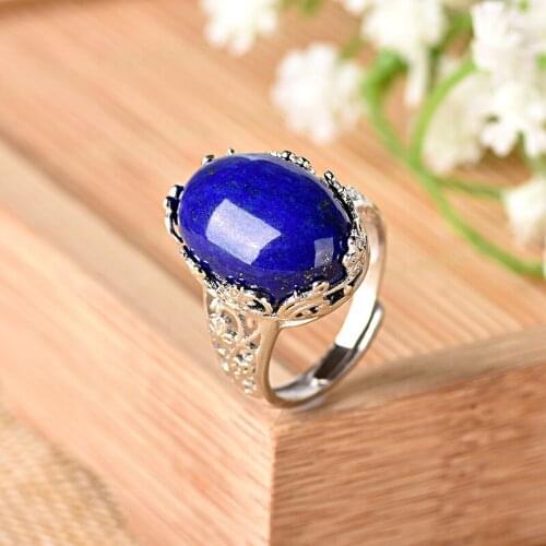 100% Real S925 Sterling silver color ring for Women inlaid with Afghan lapis lazuli delicate lace ring 925 silver color rings