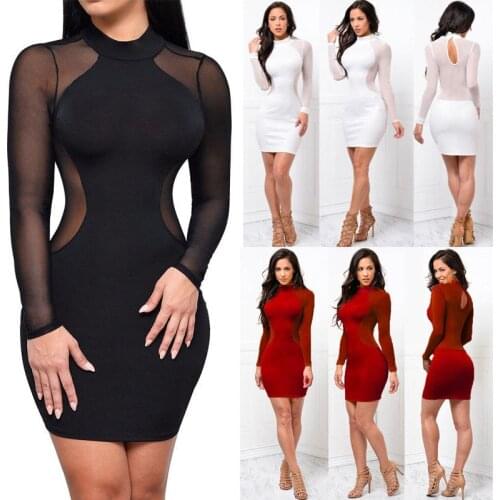 Women Dress See-Through Mesh Bandage Bodycon Long Sleeve Evening Party Clubwear Sexy Clubwear Mini Turtleneck Ladies Clothing