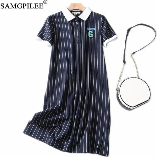 Summer Dress For Women 2020 Office Lady A-line Striped Short Sleeve Vestidos Largos Appliques Turn-down Collar Dress Women 3XL