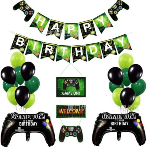 1 set of boy game balloon party banner, boy game birthday party decoration children black game props game cake topper theme