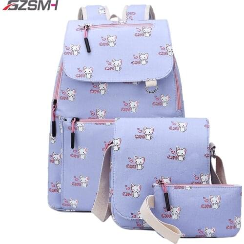 3pcs/set Girls School Bag Purple Blue Women Backpacks Rucksack Mochila Cute Cat Printing Ladies Bookbag Shoulder Bag Pencil Case