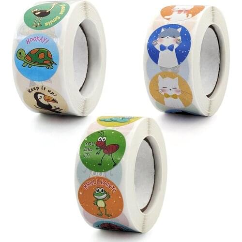 Kids Cartoon Cat Sticker Roll 500-Count Stickers Round Teacher Encouragement Motivational Lable Sticker for Teacher DU55