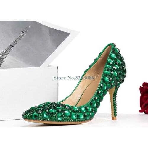 New Pointed Toe Crystal Thin High Heel Pumps Bling Bling Green Purple Rhinestone Wedding Shoes Shining Princess Glass Shoes