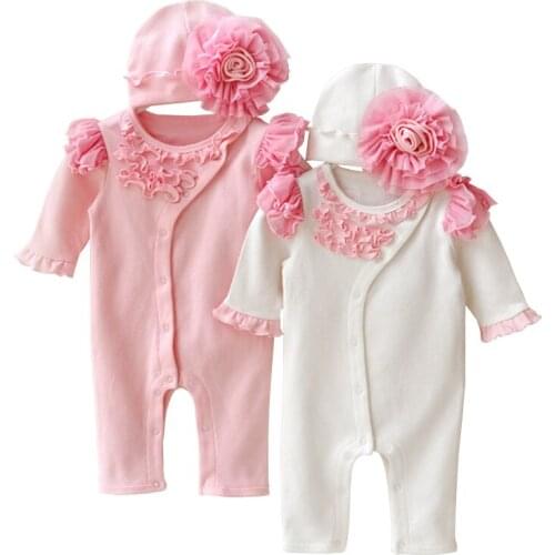 New Fall Baby Girl Cotton Ruffles Jumpsuit Rompe Overall with Cap Bodysuit One-Piece Infant Clothing Born Gift 3m 6m 9m