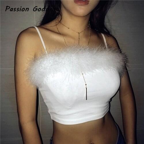 Sexy Women Pink Fur Camisole Sling Tops Sleeveless Strapless Cotton Camis White Black Fur Blusa Bustier Lingerie Bralette Camis