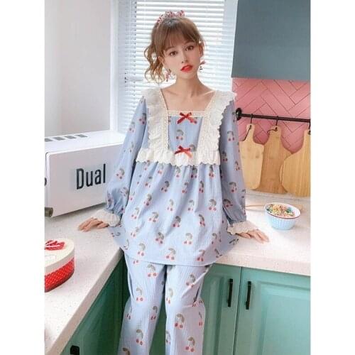 Womens Lace Cotton Pajamas Sweet Sleepwear Set Top Women Cherry Print Pajama Set Long Shirt Pant kPaCotAkoWka Big Homewear