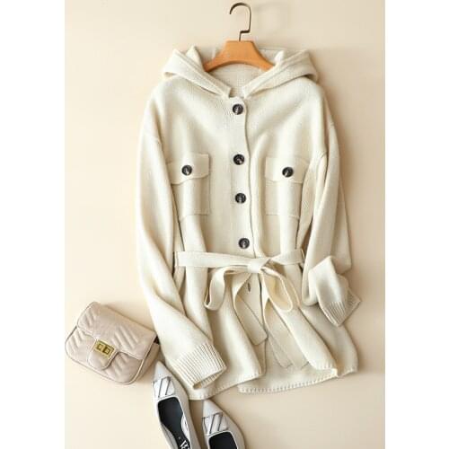 Luxury 100% cashemere hooded sweater women winter thick warm cardigan coat with belt chic oversized outerwear long sleeve pocket