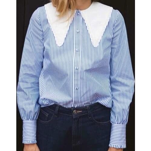 Spring and Autumn New Leisure All-match Long-sleeved Single-breasted Big Doll Collar Striped Shirt Women